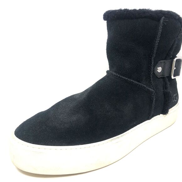 UGG Aika Ankle Boot Womens Sz 10 Buckle Black Suede Pure Sheep Wool Lining Cozy - Picture 11 of 16